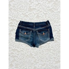 vintage ymi navy blue low rise denim shorts with white contrast stitching