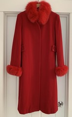 Vtg Classic Marvin Richards Wool Coat, Fox Fur Trim, Red Sz 16 USA