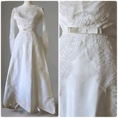 Vtg 50s 60s Lace Wedding Gown With Bow Detail, Beaded, Buttons, Bustle, 0/2
