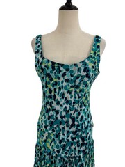 Vtg 90s Y2K Kasper Teal Chiffon Abstract Maxi Dress Drop Waist Tired Skirt Sz 8