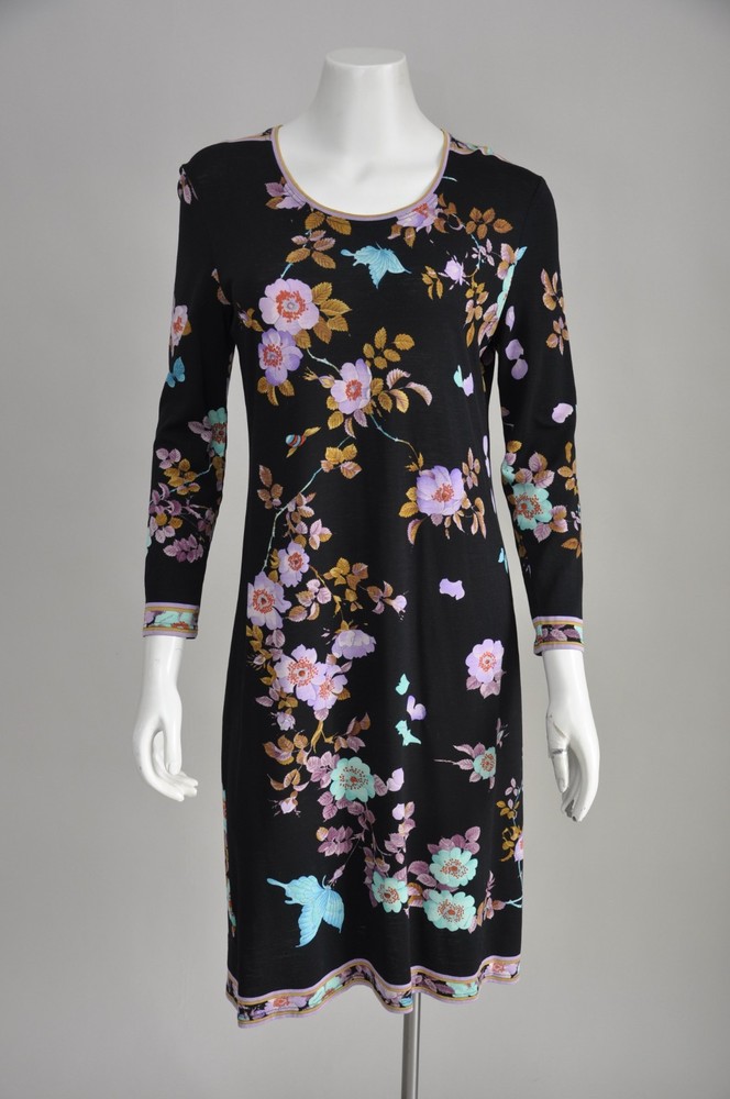 Vintage 1960s Leonard Black Dark Floral & Wool Jersey Knit Shift Dress XS-M
