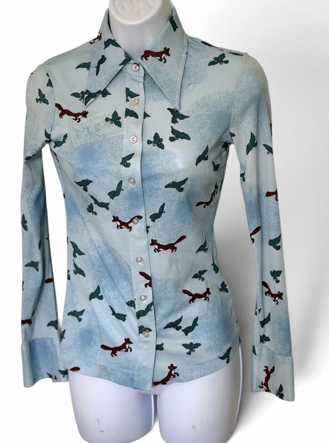 Vtg New 70s Fox & Bird Novelty Print Blouse Disco S Runs Small Point Collar NWT