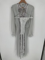 VTG WAYNE CLARK ALINE MARELLE 80’S Gray floaty Chiffon Dress Dynasty W/Sash T1