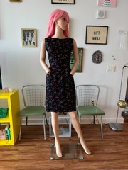 Vtg 80s Adrienne Vittadini 100% Cotton Black Button Back Punk Red Roses Dress L