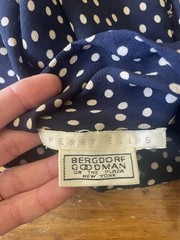 Vintage Perry Ellis Bergdorf Goodman Blue Polka Dot High Neck Tie Blouse Small S