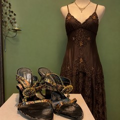 Cache Brown Silk Beaded Lace Handkerchief Hem Dress Women’s M Fits S Vintage