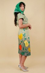50s 60s Chartreuse Green Floral Sequin Cotton Pin Up Dress Pencil Mod B36-37″