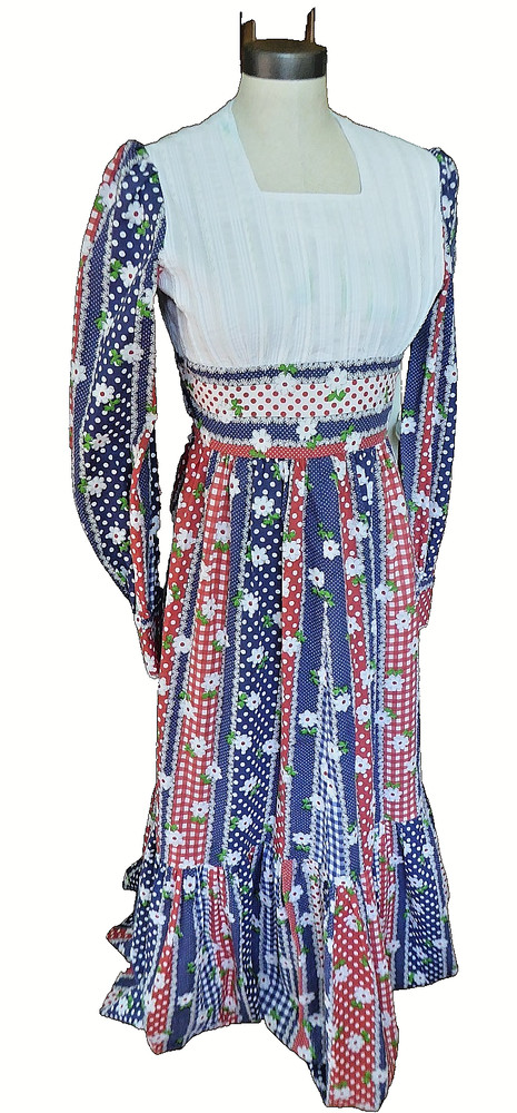 Vintage 70s Hand Made Floral Prairie Maxi Summer Sun Dress Lace Boho Hippie Sm
