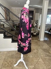 Leonard Of Paris Black Satin Pink Orchids Knee Length Tunic Coat Frog Closure 42