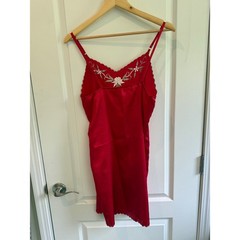 Vintage 100% Silk Peignoir Set Robe Nightgown Embroidered Red Floral Large