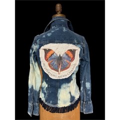 Upcycled Butterfly Jean Jacket | Bleached Fringe Denim | Size S