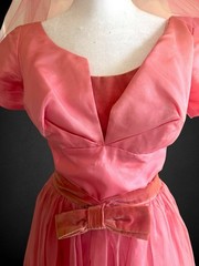 Vintage 1950’s Pink Satin Tulle Velvet Formal Prom Dress With Veil Belt XS