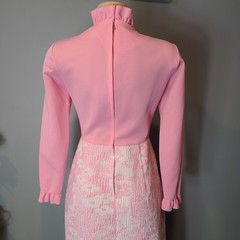 VTG Bleeker Street Dress Sz Small 60s 70s Pink Floral Ruffle Coquette Regency