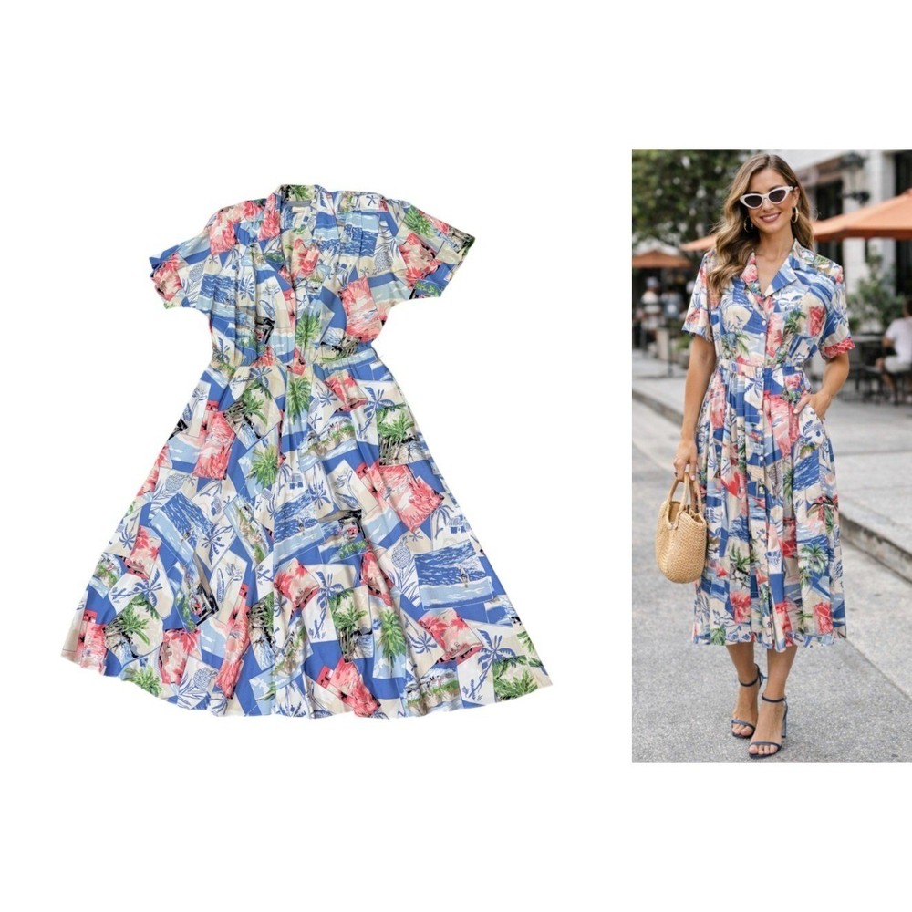 Vintage Carol Anderson Tropical Postcard Midi Dress Resort 80s Retro 13/14