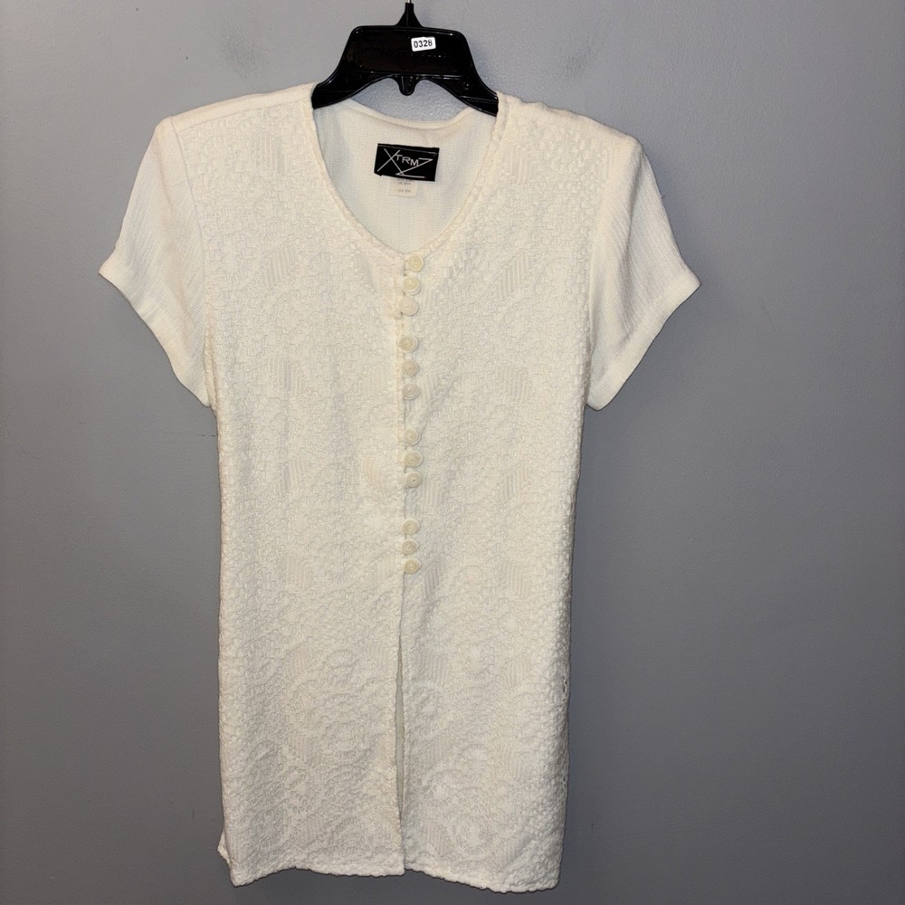 VTG White Crochet Tunic Top Short Sleeve Tie Back Cottagecore 90’s Boho Sz 9/10