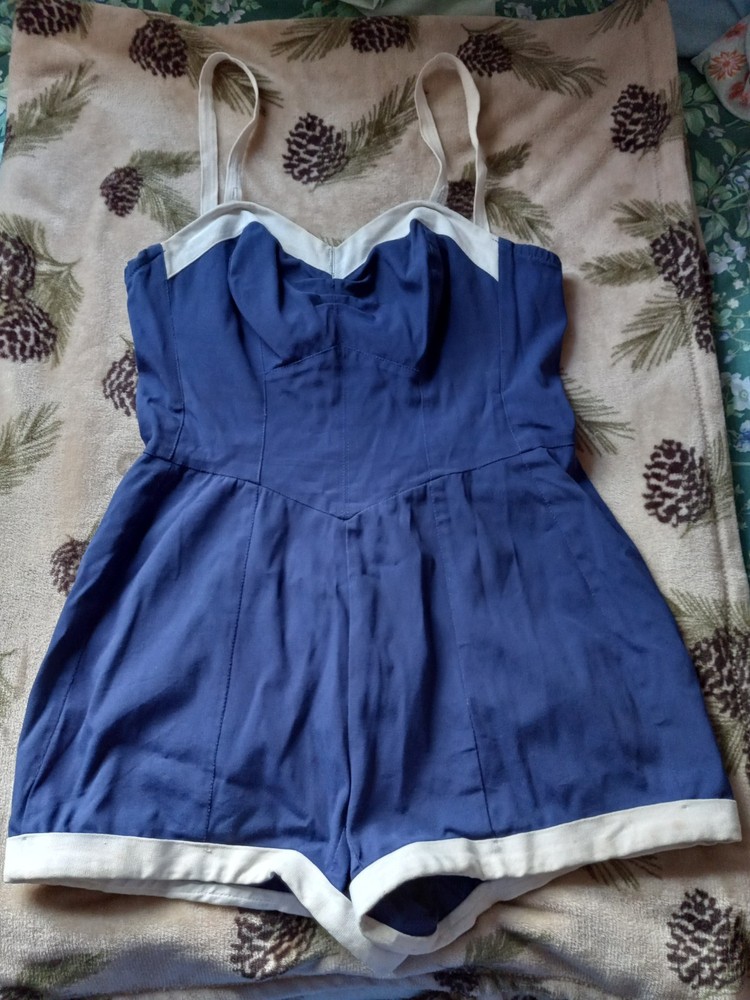 Vintage 1950s Convertible Bathing Swimsuit Blue Corset Pin-up Talon Zip