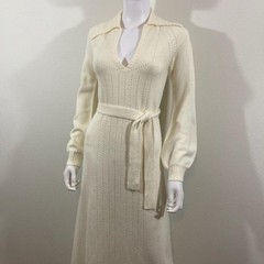 Wenjilli Vintage Knit Long Sleeve Cream Maxi Belted Sweater Dress