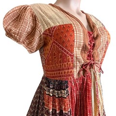 Vintage St Tropez India Patchwork Cotton Peasant Babydoll Midi Dress L Boho