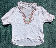 Vintage 70s Hippie Boho Sheer White Cross Stitch Floral Embroidered Tunic Top