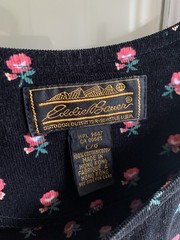Vintage 1980s Eddie Bauer Black Corduroy Floral Print Cottagecore Jumper Dress L