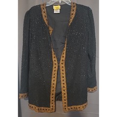 Stenay Vintage Black Silk Beaded Sequin Evening Jacket, Gold Trim, Woman’s Small