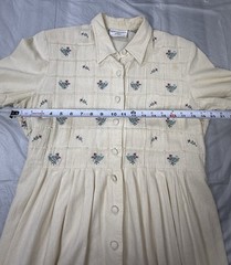 Vintage 80s/90s Karin Stevens Petite Floral Embroidered Midi Shirt Dress Cream