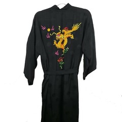 Golden Bee Vintage Black Rayon Embroidered Dragon Oriental Robe China Small