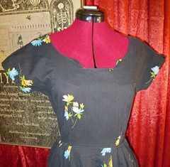 1950s Black Blue Yellow Floral Print Cotton Day Dress by Kay Windsor XS