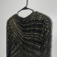 Vintage 80s Niteline Dress Black Gold All Over Beaded 100% Silk 12 Mob Wife Glam