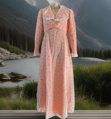 60s-70s Sheer Flocked Cotton Dress Maxi Gown Formal Bolero Peach Lace Regency