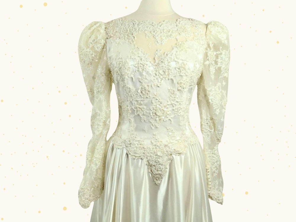 Vtge 80s Wedding Dress: Ivory Satin, Pearls, Sequins, Puff Sleeves, Basque Waist