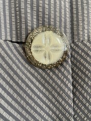 40s-50s GREY STRIPED SEERSUCKER FITTED DAY DRESS W LUCITE GOLD FLECK BUTTON M- L