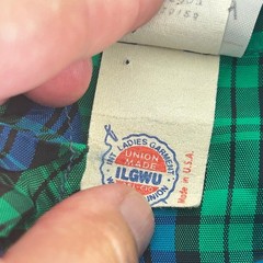 Vintage JCPenney Fashions Plaid Blouse Green Blue Ruffle Neck ILGWU USA 13/14