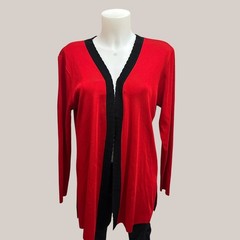 Misook Vintage Red Acrylic Knit Open Cardigan Sweater Black Scallop Trims Small