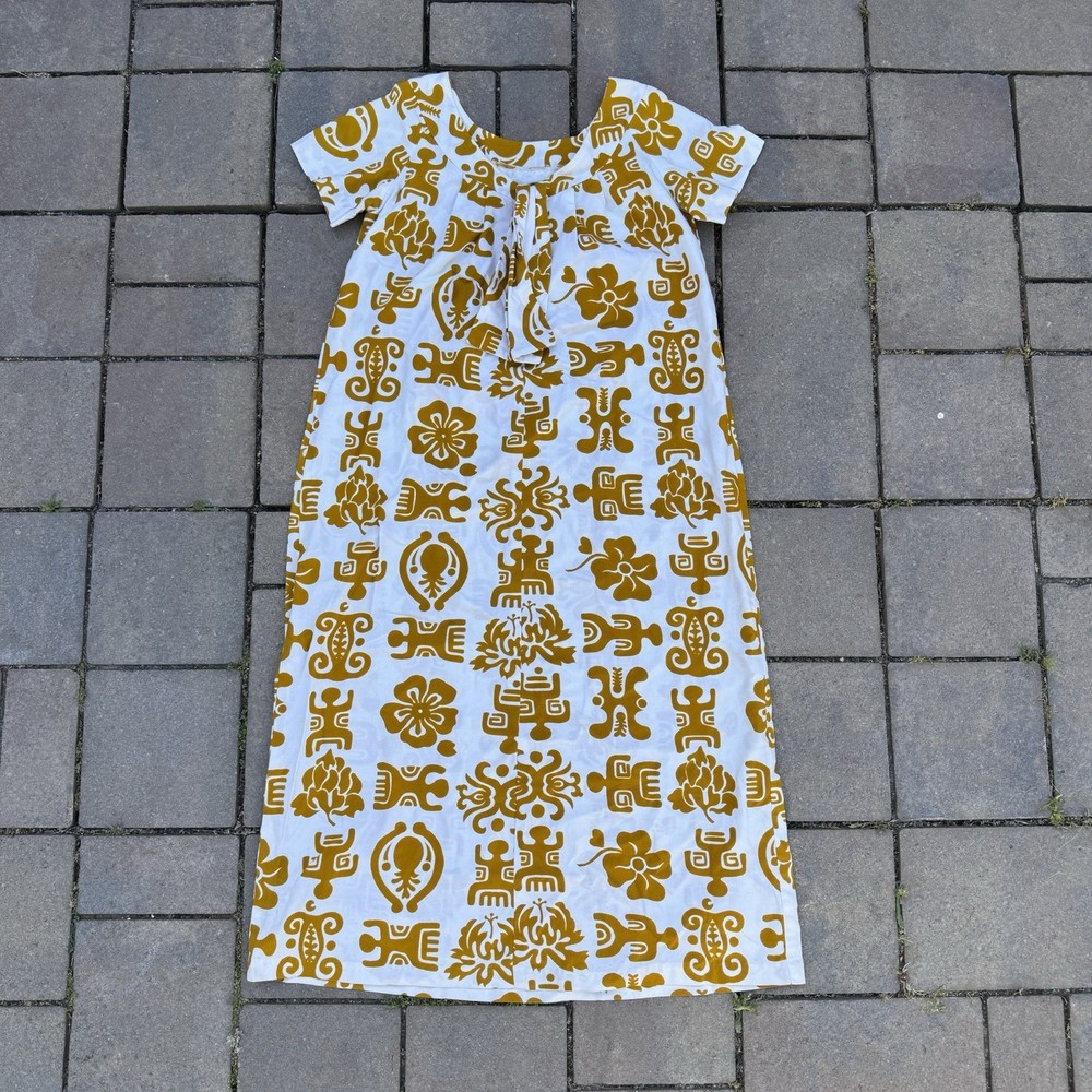 Vintage 60s 70s Muu Muu Dress Empire Waist Tiki Print Made In Hawaii Women’s M