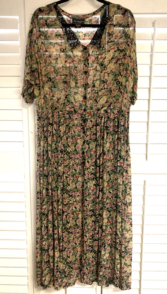 Vintage Nostalgia Sheer Floral Button Up Dress Prairie Cottagecore Style Large