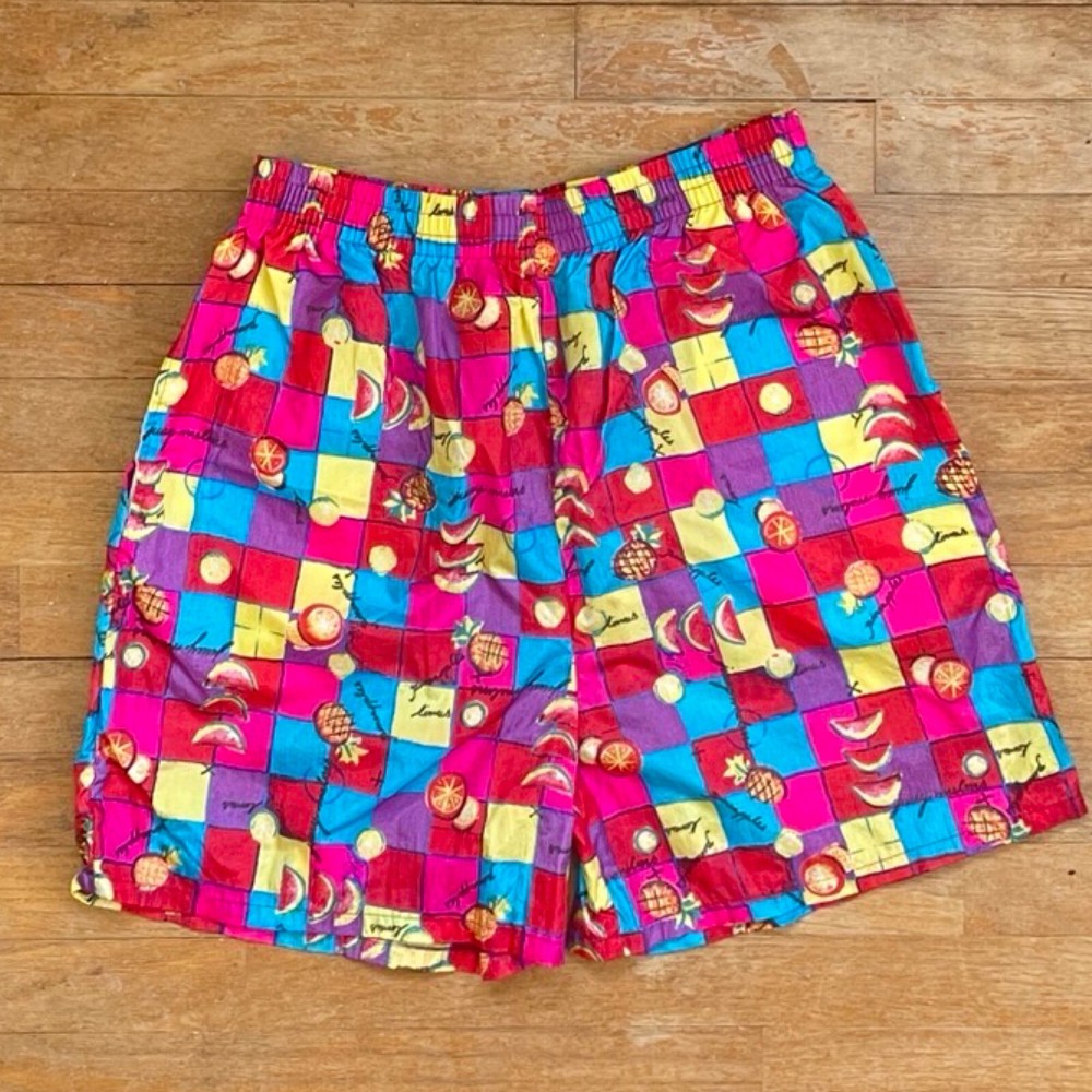 Vintage Fruit Print Athletic Shorts Womens Size Large 29-32″ Elastic High Waist