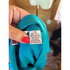 Vintage Silk Shirt Dress Women Size 14 Turquoise Teal Blue Midi Michel Laurent