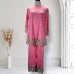 Vintage 60s Pink Nylon Pajama Set Lace Trim Lounge Wear M USA