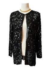 Vintage Swee Lo Black Sequin Beaded Silk Long Sleeve Party Formal Jacket S