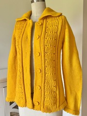 Vintage Hand Knit Mustard Yellow Button Up Sweater Chunky Cardigan