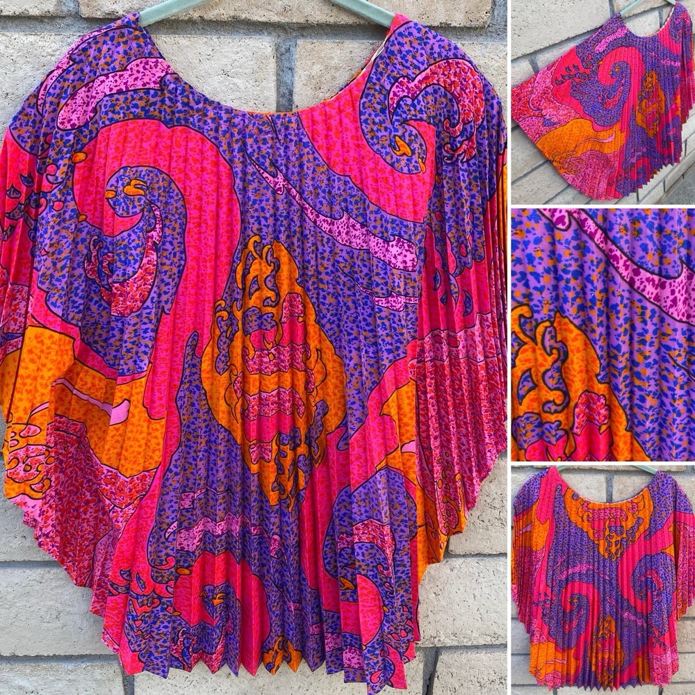 Pleated Caftan Top Colorful Psychedelic Hippie Mod Tiki Aloha 60s 70s Vintage