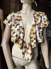 Vintage 70s Wrap Blouse Top Sunflower Hippie Tie Cap Sleeve Summer Poly