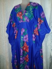 Vintage 80s Helena Hawaiian Blue Hibiscus Floral Caftan Muumuu Dress Tiki O/S