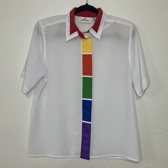 VTG Worthington White Rainbow Blouse Women’s Side 10M Button Up Short Sleeve 80s