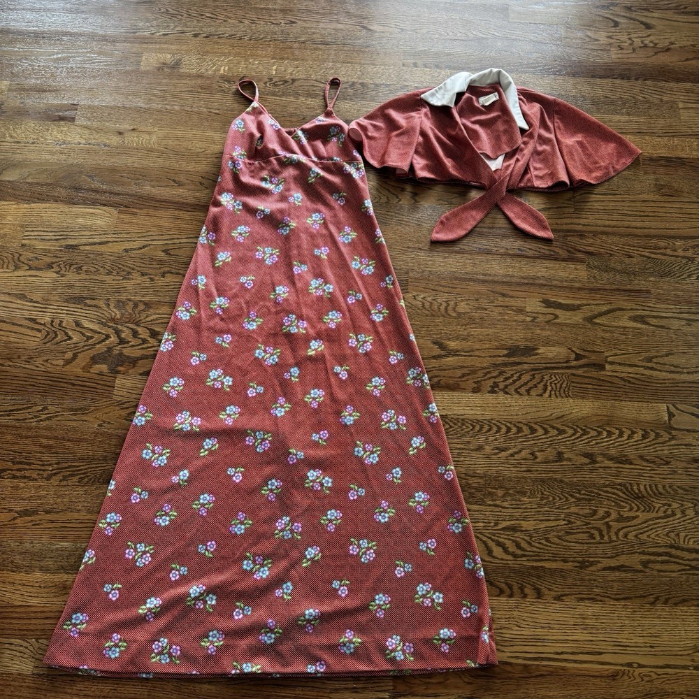VTG 70s 100 Parkhouse Hostess Dress Maxi Floral Jacket Polyester SZ 10 Maroon