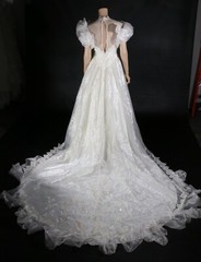 Eve of Milady Vintage 80s Ivory Organza Beaded Wedding Dress with Train sz 4