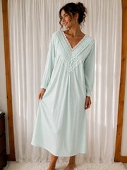 Vintage NWT Soft Mint Green Stripe Lace Trim Cottagecore Cozy Nightgown Sz L