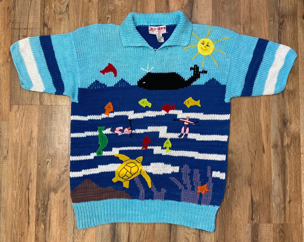 Vintage Inca Peruvian Handmade Sweater Size Large Retro Ocean Fish Fun OOAK