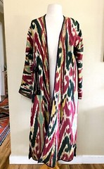 Vintage Uzbek Cotton Chapan, Coat Ikat Woman’s Sz S/M Red Lining